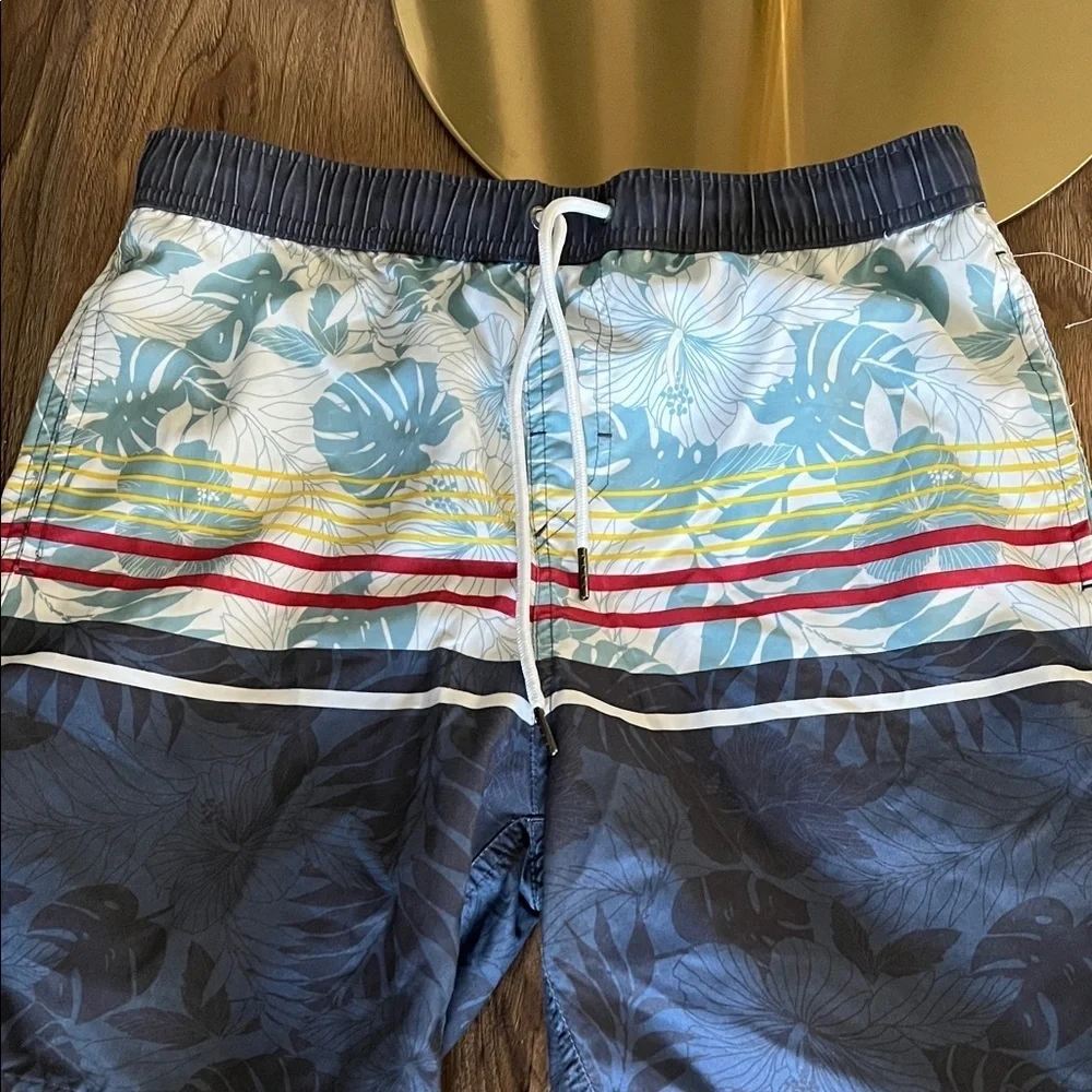 Micros Boys Blue Floral Stripe Swim Trunks with Drawstring